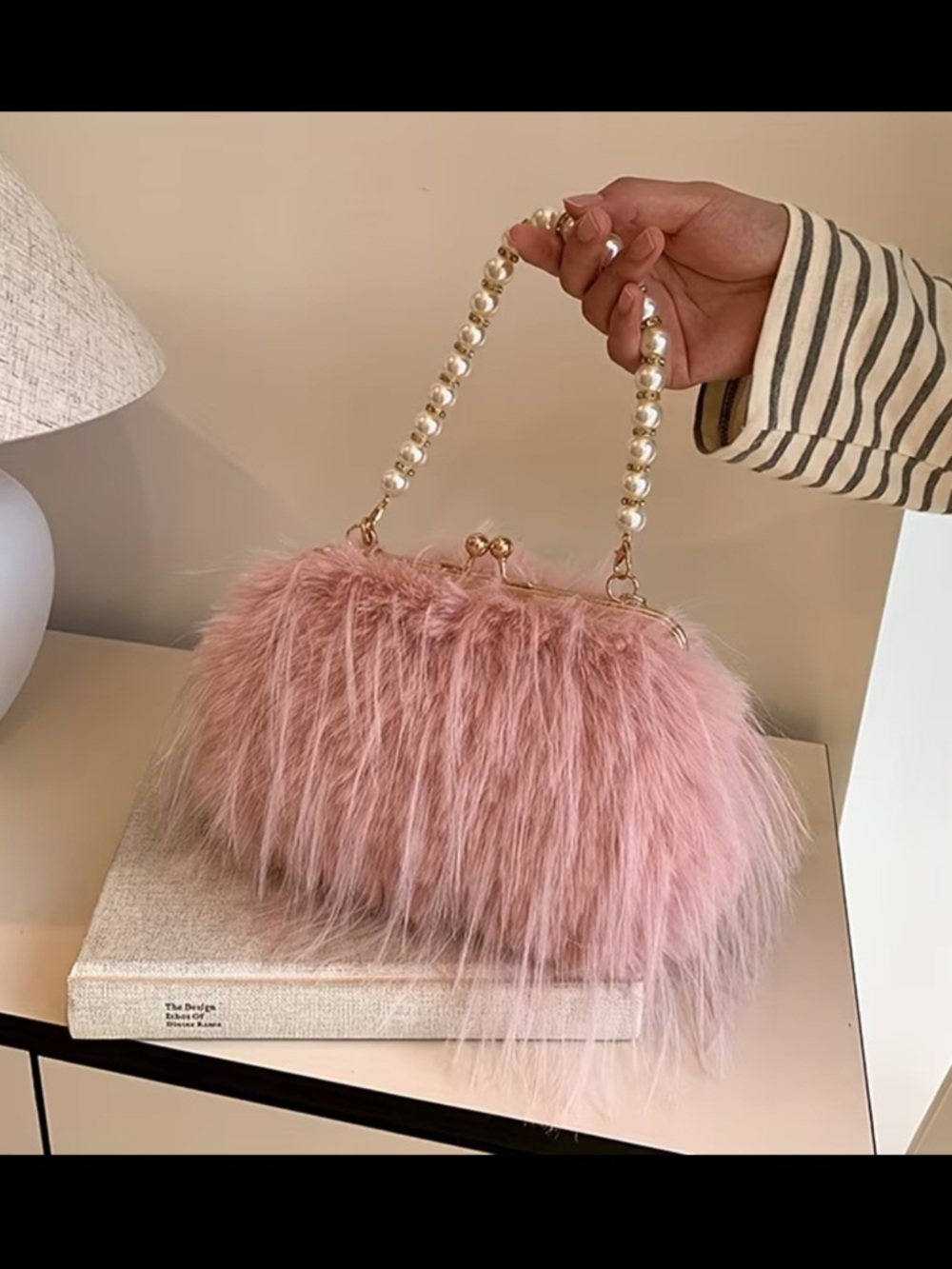 Luxury Pink Faux Fur Pearl-Handle Evening Bag